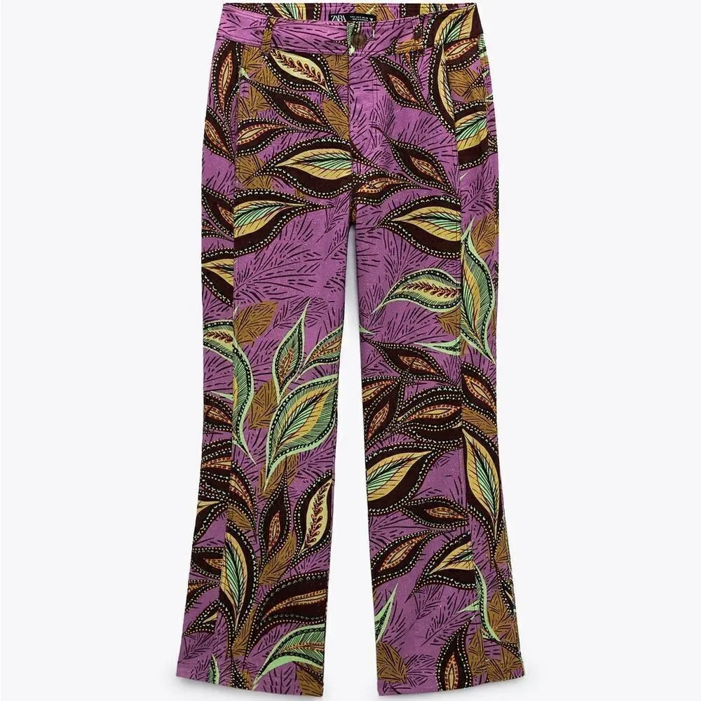 ZARA PRINTED LINEN BLEND TROUSERS